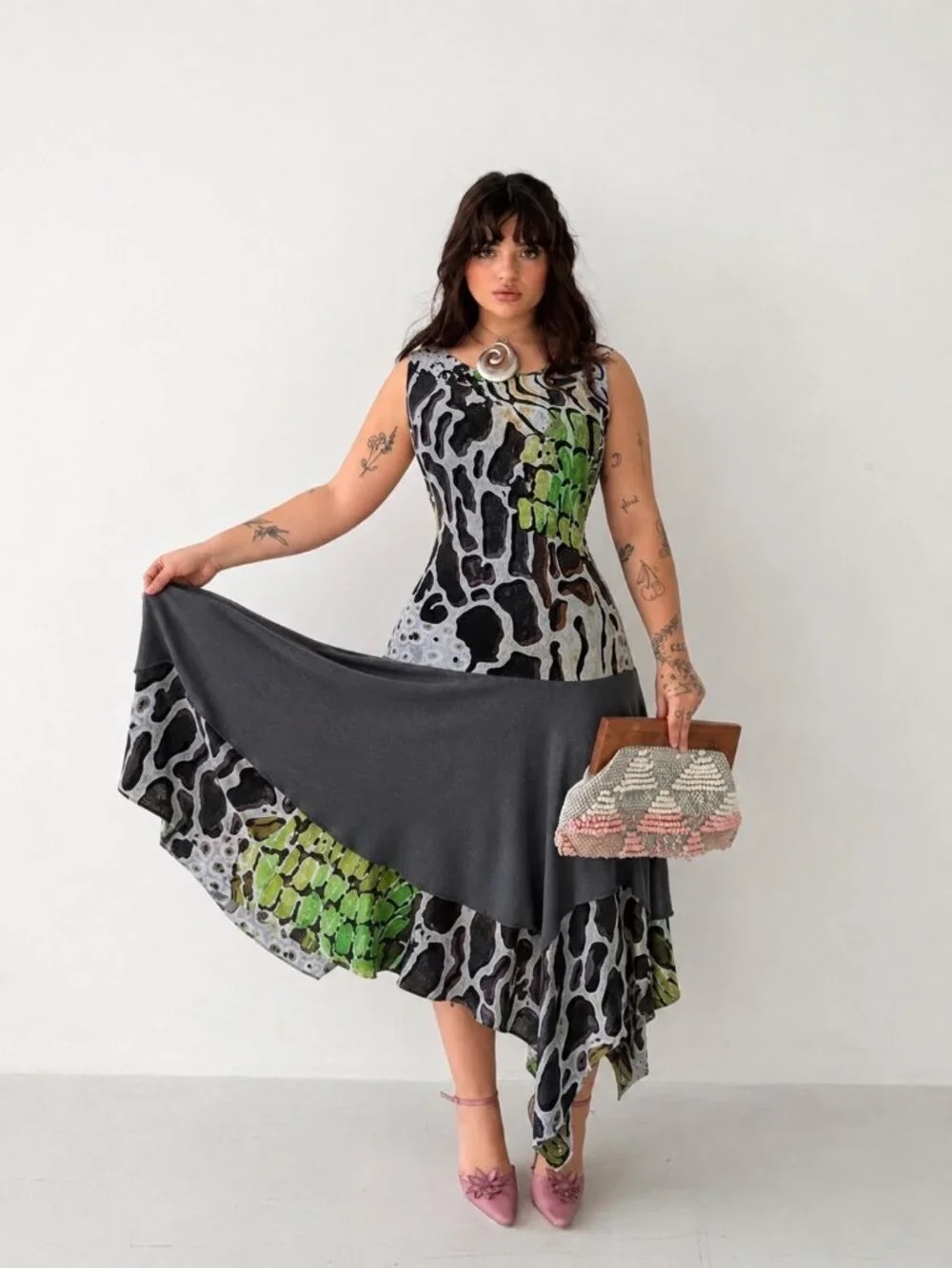 Asymmetric mesh animal print Sleeveless Midi Dress in Charcoal Gray and Green
